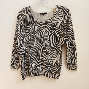 Mel & Lisa Black Cream Animal Print 3/4 Sleeve Silk Blend Top Size Small Womens